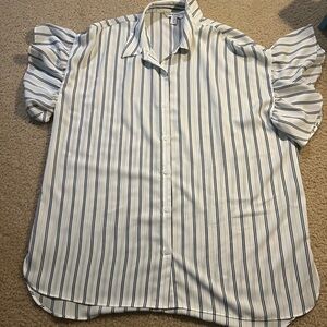 Nine West White Blouse with Navy Pinstripes and Ruffle Sleeves